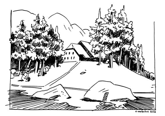 Illustration der Erjavčeva-Hütte von Eva Hartmann