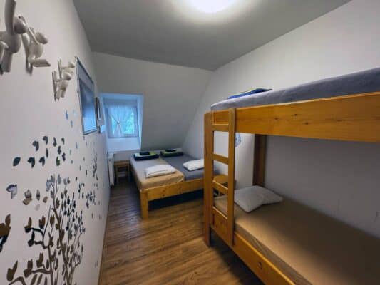 Buchen Sie Ihre Unterkunft, ein privates Zimmer oder ein Bett am Vršič-Pass, zwischen Kranjska Gora, der Quelle des Soča-Flusses und Trenta. Privates 4-Bett-Zimmer in der Erjavčeva-Hütte Vršič Kranjska Gora.